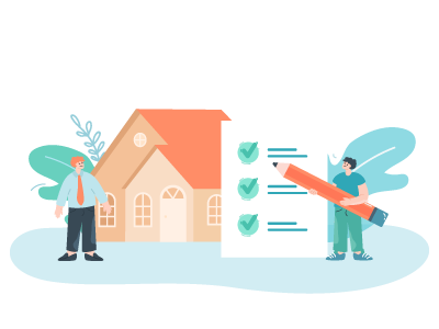 A cartoon of two people stood outside of a house, with one holding a big pencil. SAM Conveyancing can help with extending your lease and any service charges