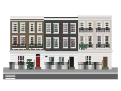 A cartoon picture of a row of period homes. SAM Conveyancing can help with period homes purchasing