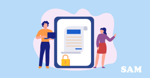 Two people stood next to a framed document with a padlock at the bottom. SAM Conveyancing explains how an attended exchange of contracts works Two people stood next to a framed document with a padlock at the bottom. SAM Conveyancing explains how an attended exchange of contracts works