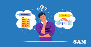 A man with two thought bubbles emanating from his head. One with a block of flats and the word 'beneficial' above them, and the other a house with the word 'legal' above it. SAM Conveyancing addresses the beneficial ownership vs legal ownership debate A man with two thought bubbles emanating from his head. One with a block of flats and the word 'beneficial' above them, and the other a house with the word 'legal' above it. SAM Conveyancing addresses the beneficial ownership vs legal ownership debate