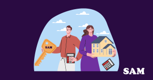 Two people stood next to each other holding a key and a house. SAM Conveyancing advises how to calculate buying someone out of a house Two people stood next to each other holding a key and a house. SAM Conveyancing advises how to calculate buying someone out of a house