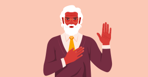 Old man with glasses swearing an oath to a solicitor Old man with glasses swearing an oath to a solicitor