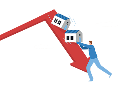 A man holding up two model houses which are sliding down a big red downwards pointing arrow. SAM Conveyancing's guide on 10 things that cause property values to decrease & how to fix them