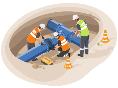 Three workers in high-vis vests looking at an underground water pipe. SAM Conveyancing explains what a CCTV Drain Survey is and when you need one