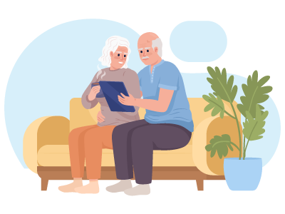 An elderly couple sat on a sofa looking through their lease extension contract with the help of SAM Conveyancing.