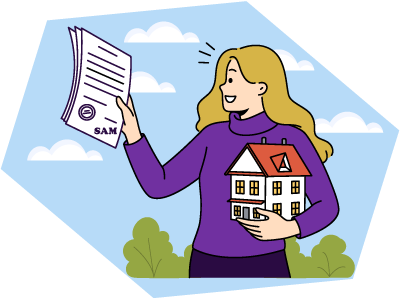 A woman holding a model house and an equity loan contract with bushes and clouds in the background. SAM Conveyancing answers 'can you transfer help to buy equity loan to another property?'