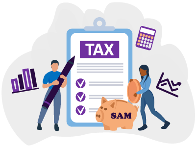 A couple filling in their tax return form whilst a piggybank, graphs, and a calculator surround them. SAM Conveyancing explains Capital Gains Tax for married couples