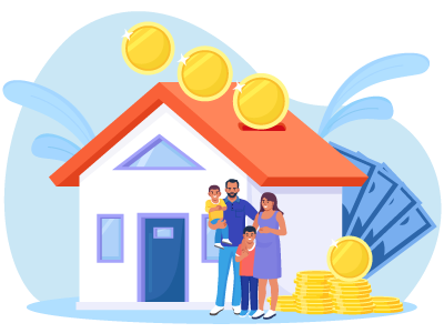 A family stood outside of their home next to a stack of coins. SAM Conveyancing explains how to change from tenants in common to joint tenants