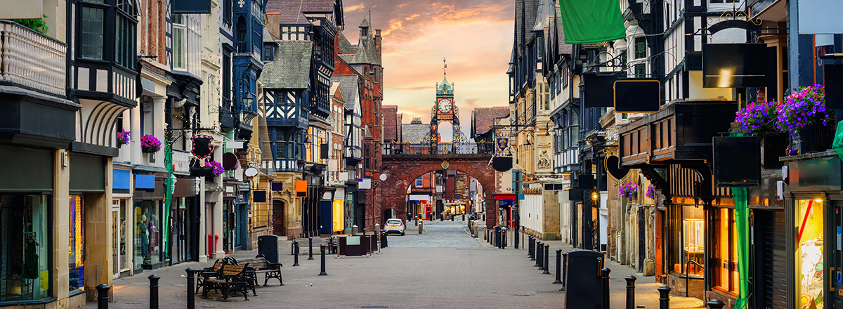 High street in the Historic Old Town of Chester, Cheshire, England. SAM Conveyancing's report on the Cheshire property market.