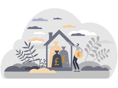 A man stood next to a house holding a pound coin, surrounded by grey clouds and weeds. SAM Conveyancing answers the question 'Do you have to inform Land Registry when someone dies?'