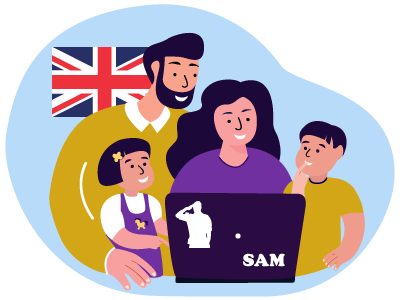 A military family crowded around a laptop with the union jack flag in the background. SAM Conveyancing explains what the Forces Help to Buy scheme and how to apply.