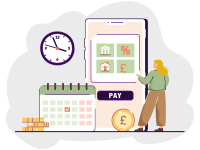 A woman overlooking her service charge payments on a phone, with a clock, a calendar, and stacks of coins next to her. SAM Conveyancing answers 'what is ground rent?'