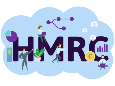 Four people surrounding a big 'HMRC' sign with various objects around them. SAM Conveyancing explains what HMRC Form 17 is and how it's used