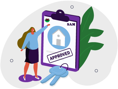 A woman who used SAM Conveyancing to purchase her Help to Buy Wales home pointing at an approval document whilst her home's keys are laid next to it.