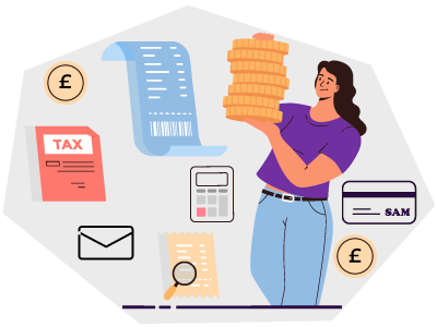 A woman holding a stack of coins whilst a debit card, a tax form, a calculator, a receipt and an email icon float around her. SAM Conveyancing helps you pay off Help to Buy with remortgage