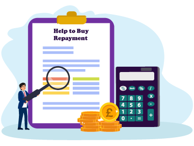 A man stood with a magnifying glass looking at a Help to Buy equity loan form. A calculator sits next to the form. SAM Conveyancing provides their Help to Buy Repayment calculator