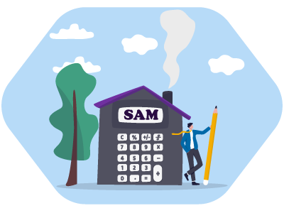 A man holding a big pencil stood next to a home that looks like a calculator, with a tree and clouds to the left and above. SAM Conveyancing can help with your Help to Buy RICS valuation