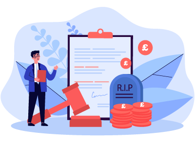 A man stood next to a gavel, a probate document, two stacks of coins, and a headstone. SAM Conveyancing advises on getting a house valuation for probate