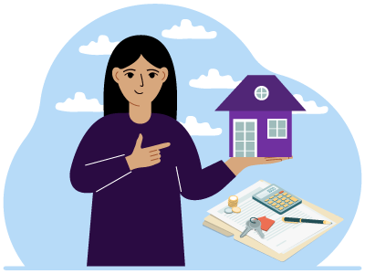 A woman holding a model house with a clipboard, calculator, keys, and a pen sit next to her. SAM Conveyancing explains how much does it cost to change deeds of house