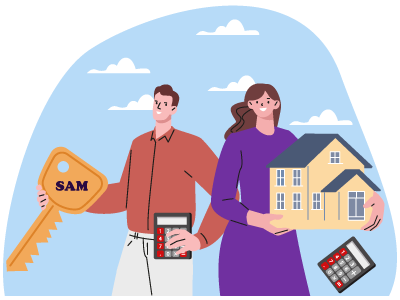 Two people stood next to each other holding a key and a house. SAM Conveyancing advises how to calculate buying someone out of a house