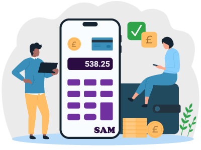 A couple looking at their finances and mortgage files before removing a name from their mortgage with a phone and a calculator display in the foreground. SAM Conveyancing explains how to take a name off a mortgage