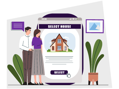 A couple looking at a phone screen with their next house displayed, the words 'select house' as a button is at the top and plants surround them in their home. SAM Conveyancing provides tips when hunting for a house