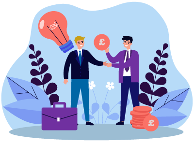 Two men stood shaking hands and exchanging a coin. Above the man on the left is a lightbulb, below a suitcase, and next to the man on the right is a stack of coins. SAM Conveyancing answers 'is help to buy coming back'?