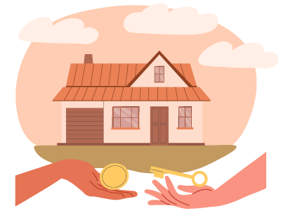 Two hands extending out exchanging a coin for a key, with a house in the background. SAM Conveyancing answers 'is shared ownership a good idea?'