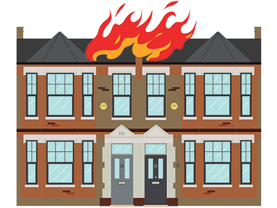 A terraced house with its loft on-fire. SAM Conveyancing explains loft party wall fire regulations