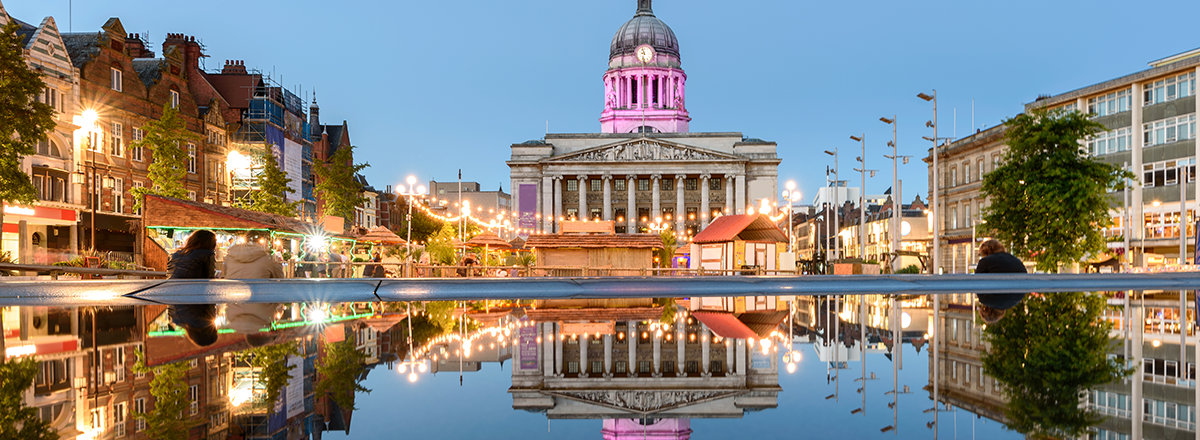 Nottingham Council House and Old Market Square at Twilight. SAM Conveyancing analyses the latest Land Registry Data in our Nottinghamshire housing market report.