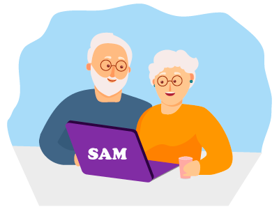 An elderly couple sat at their laptop looking at Older Persons Shared Ownership (OPSO) information on the SAM Conveyancing website