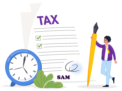 A man stood next to his tax document with a clock and a pen. SAM Conveyancing explains how to reduce income tax on rental property