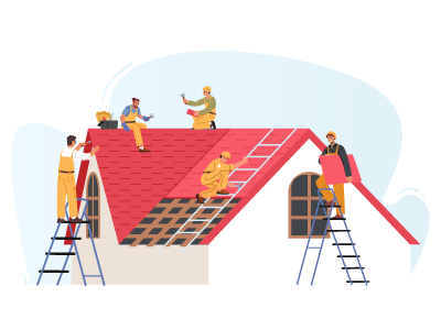 Four roofers working on a white and red house. SAM Conveyancing answers 'should I buy a house with gable straps?'
