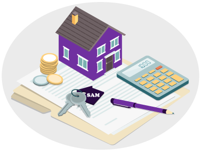 A model house sat alongside a stack of coins, a keychain, a pen, and a calculator. SAM Conveyancing advises if you should remortgage to pay off equity loan