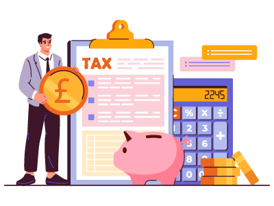 Man holding coin, siting next to tax form and calculator. SAM Conveyancing's guide to staircasing stamp duty