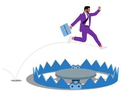 A man in a purple suit holding a suitcase jumping over a trap. SAM Conveyancing explains the Stamp Duty loophole