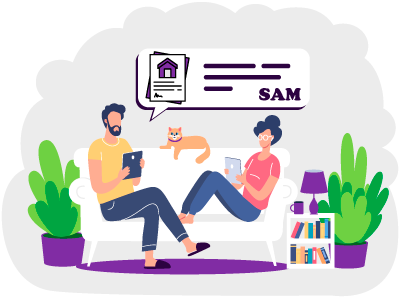 A happy couple sat on their sofa. SAM Conveyancing explains how to transfer ownership of house to spouse