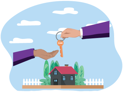 Two arms outstretched above a home, with one handing over a pair of keys to the other. SAM Conveyancing explains the transfer of property ownership from joint to single