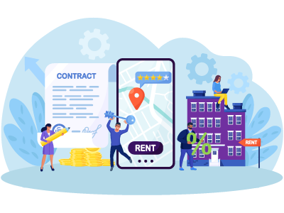 On the left, a woman is signing a tenancy agreement next to a man holding a key in front of a phone screen. On the right, a woman sits atop a block of flats typing on a laptop whilst a man holds a percentage sign. SAM Conveyancing explains the types of tenancy agreements in England and Wales