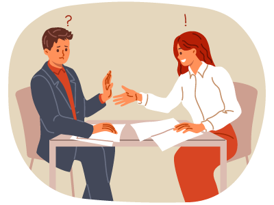 A man and woman negotiating at a table. SAM Conveyancing explains what to do when the Vendor Refuses to Lower Price After Survey