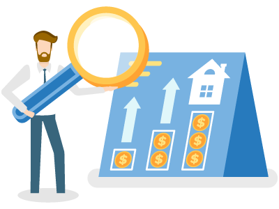 Man holding magnifying glass and tracking house value chart. SAM Conveyancing's guide on what is gazumping