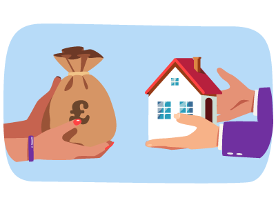 Someone handing over a bag of cash from the left hand side and someone handing over a house from the right hand side. SAM Conveyancing answers 'What is a cash buyer?'