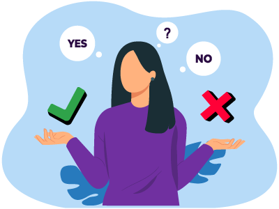 A female seller in a purple jumper pondering whether to go ahead with a sale or not, with thought bubbles 'yes' and 'no' above her head. SAM Conveyancing advises what to do when seller pulls out of house sale