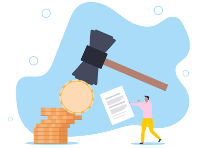 A gavel leaning against a stack of coins with a person looking on, holding a legal document. SAM Conveyancing explains what is a legal charge on a property